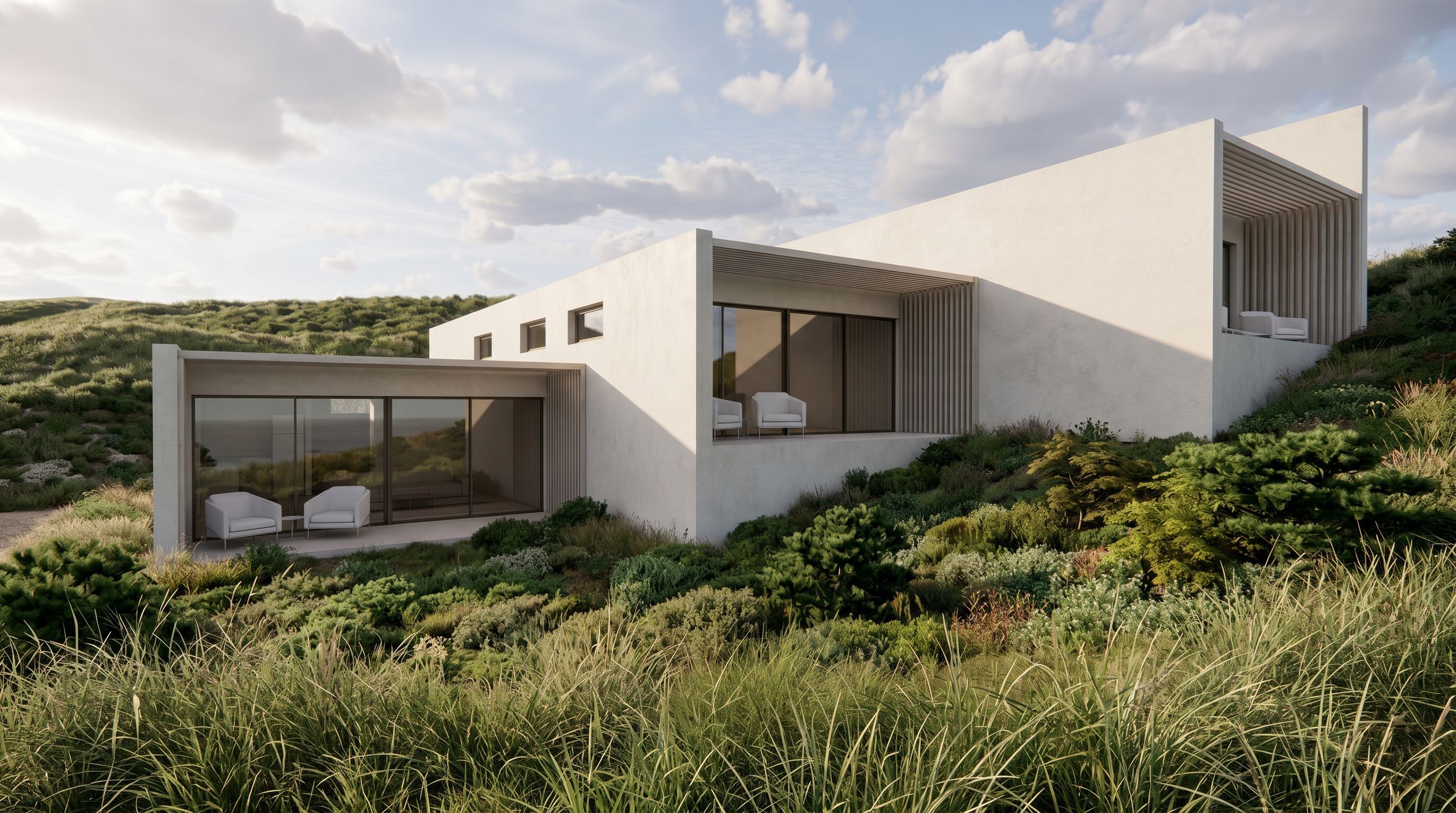 Rendered coastal house with white rendered walls set into a grassed dune landscape
